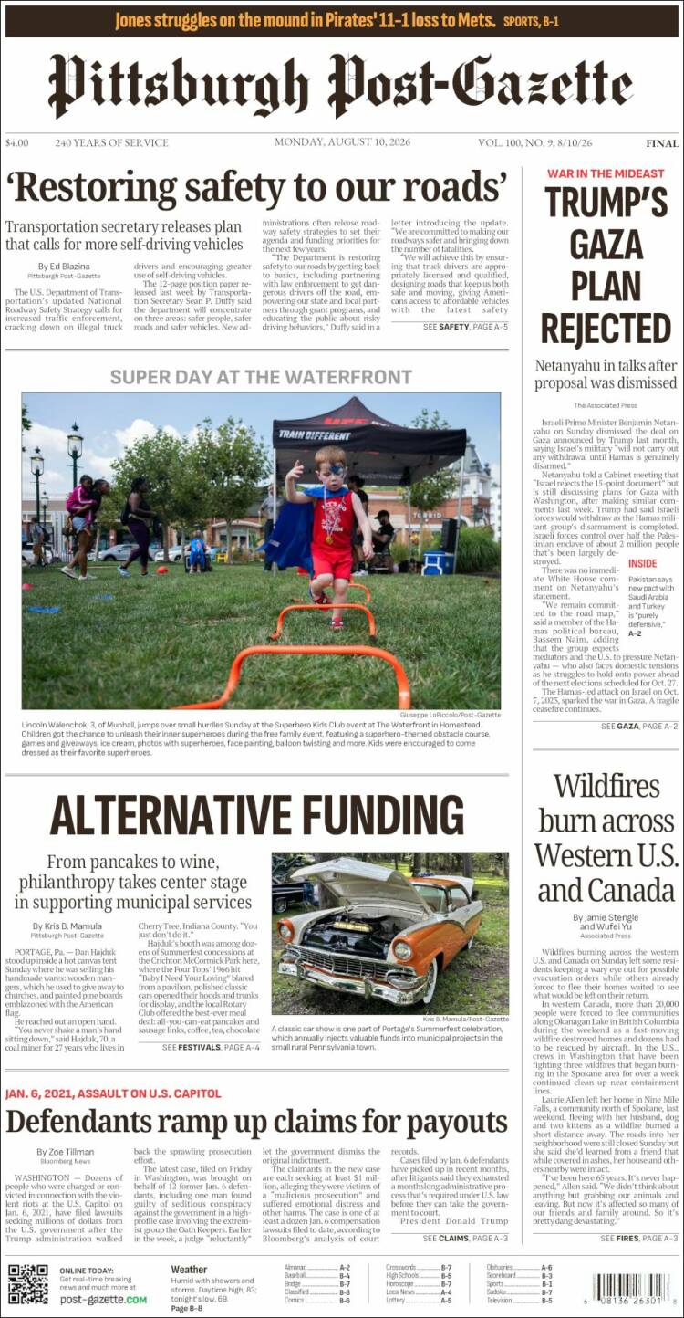 Portada de Pittsburgh Post-Gazette (USA)