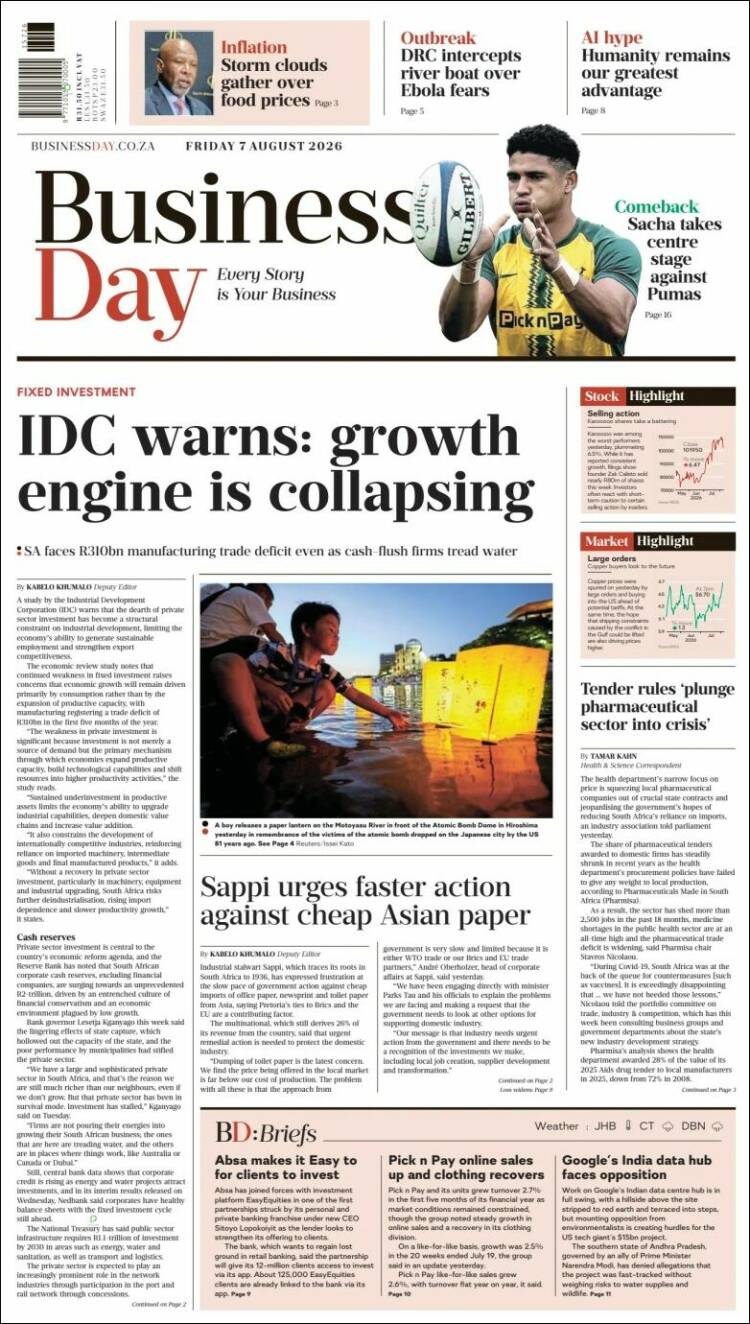 Portada de Business Day (Sud&aacute;frica)