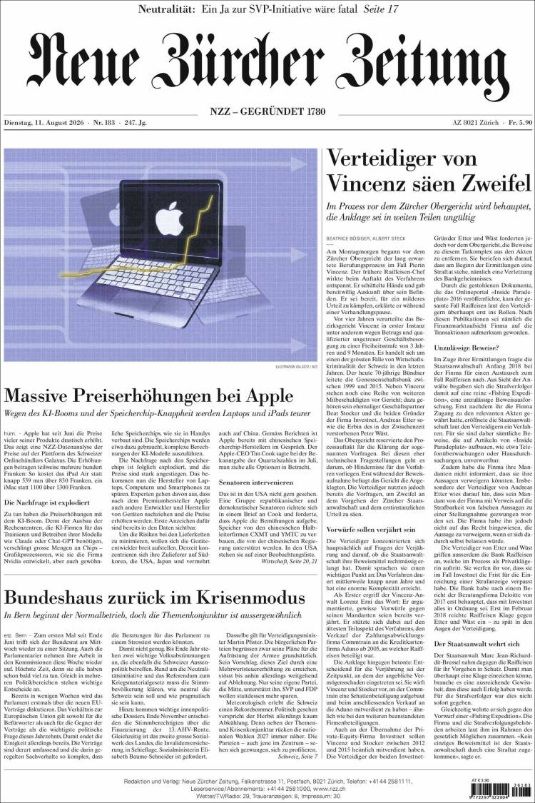 Portada de Neue Zürcher Zeitung (Suiza)