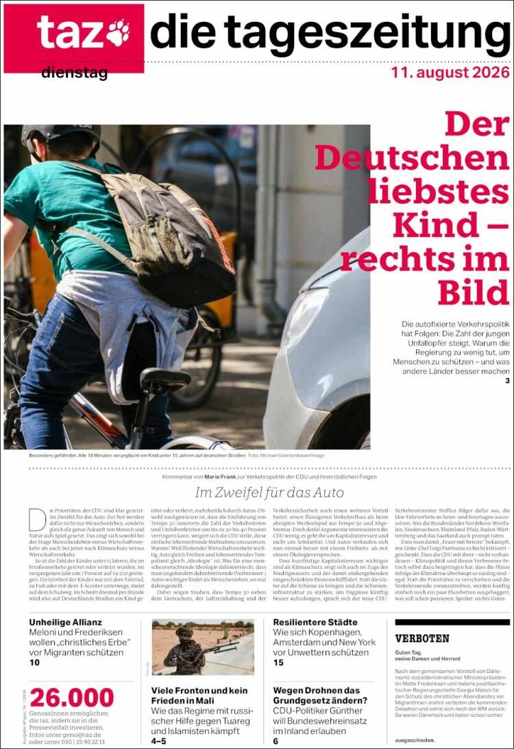 Portada de Die Tageszeitung (Alemania)