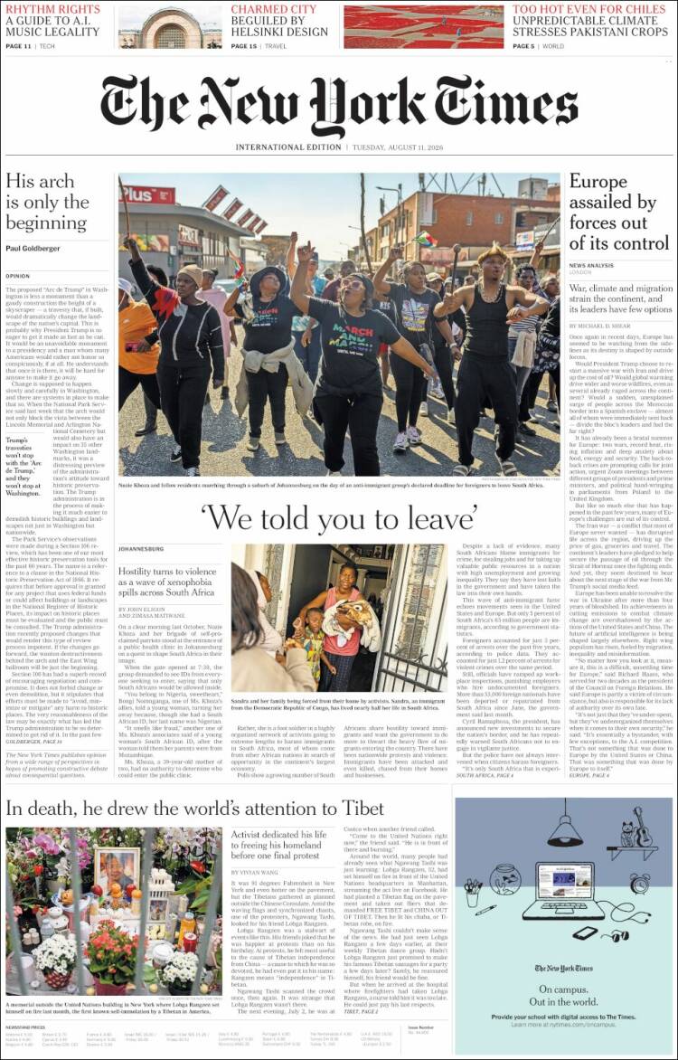 Portada de International New York Times (Europa)