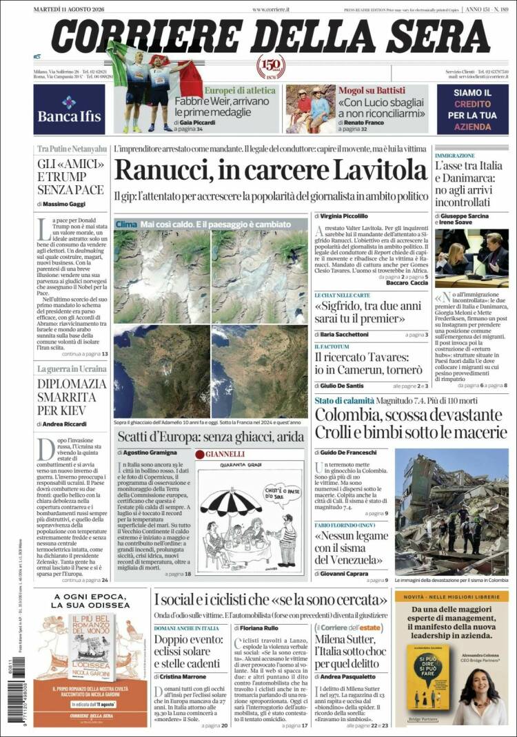 Portada de Corriere della Sera (Italia)