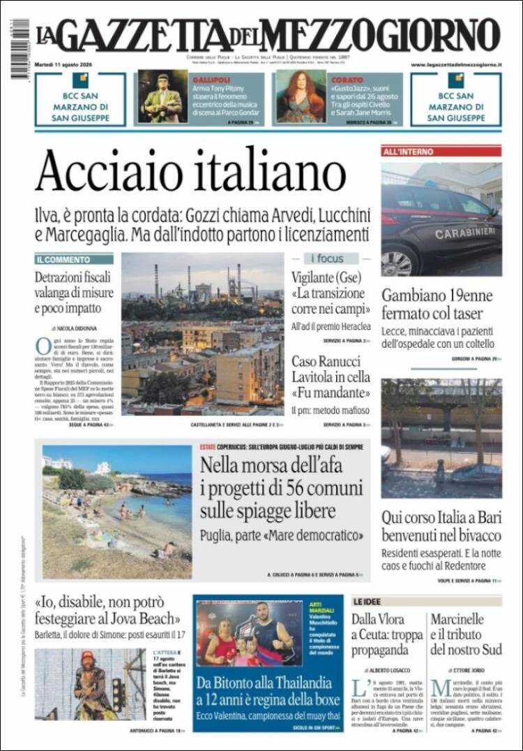 Portada de La Gazzetta del Mezzogiorno (Italia)