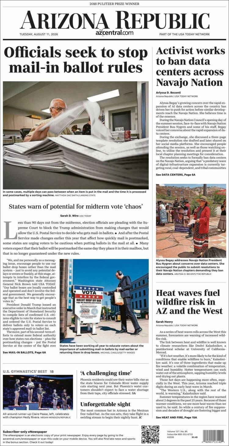 Portada de Arizona Republic News (USA)