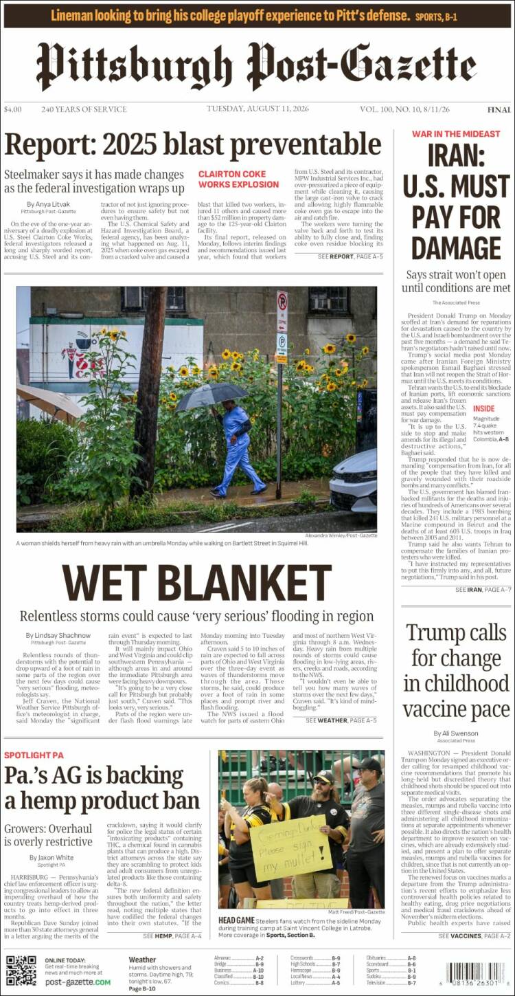 Portada de Pittsburgh Post-Gazette (USA)