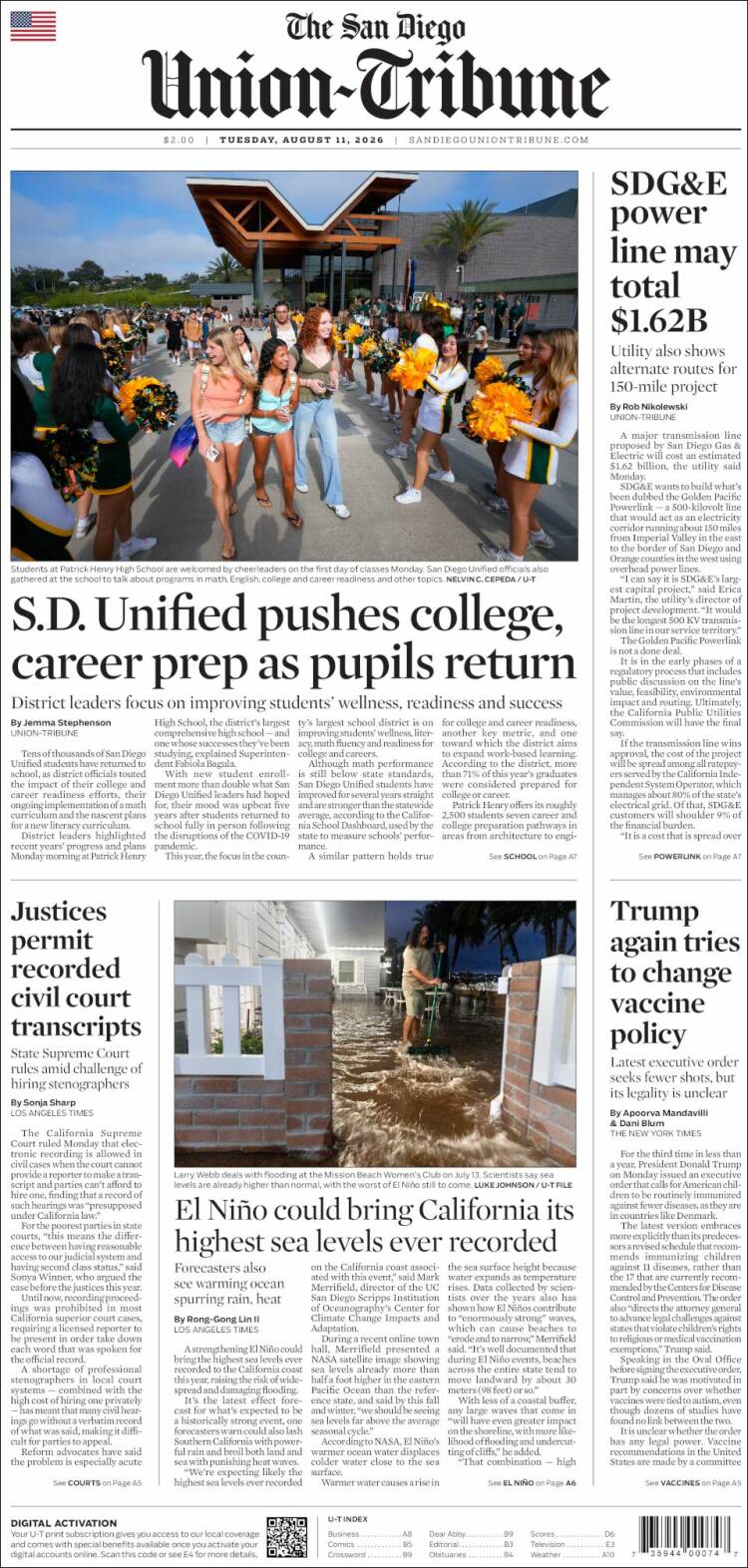 Portada de The San Diego Union-Tribune (USA)