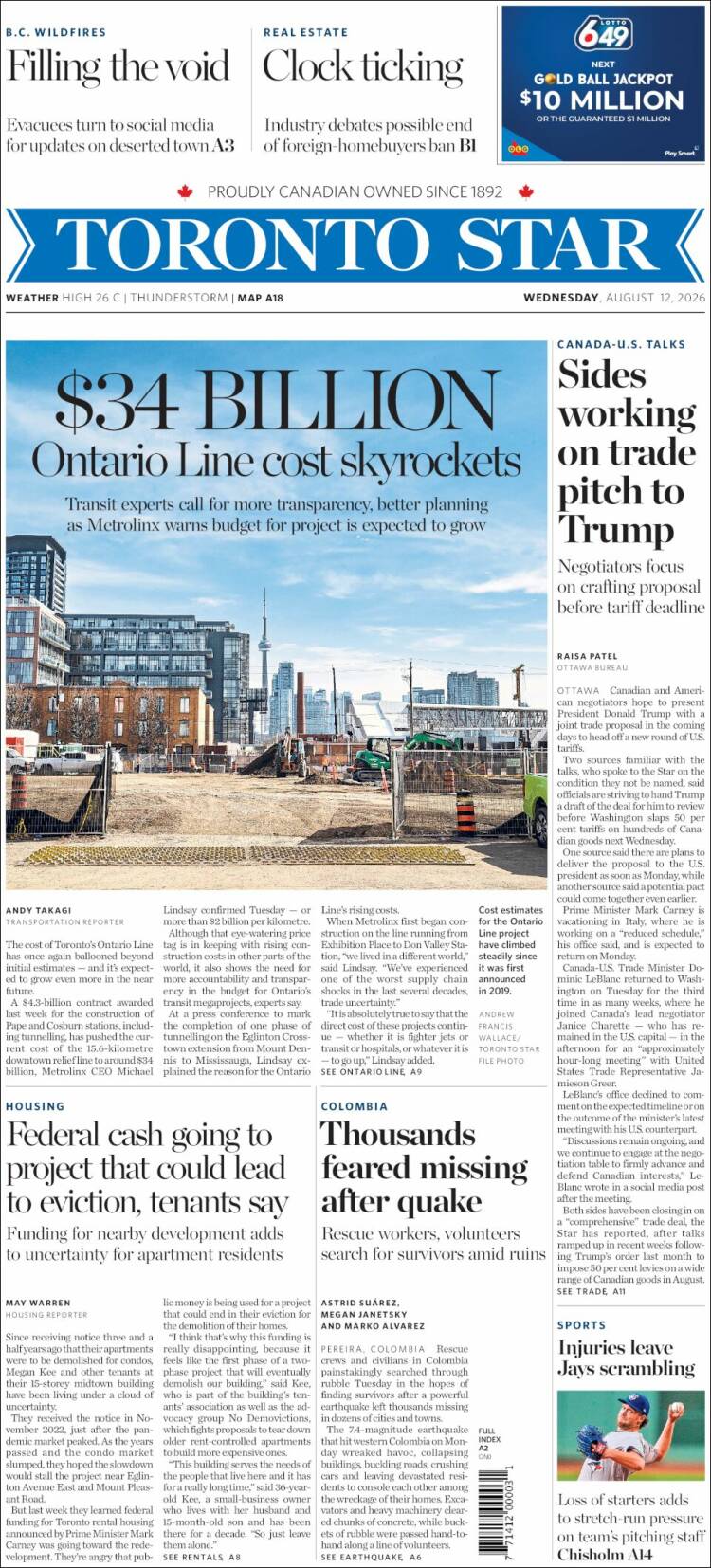 Portada de The Toronto Star (Canad&aacute;)