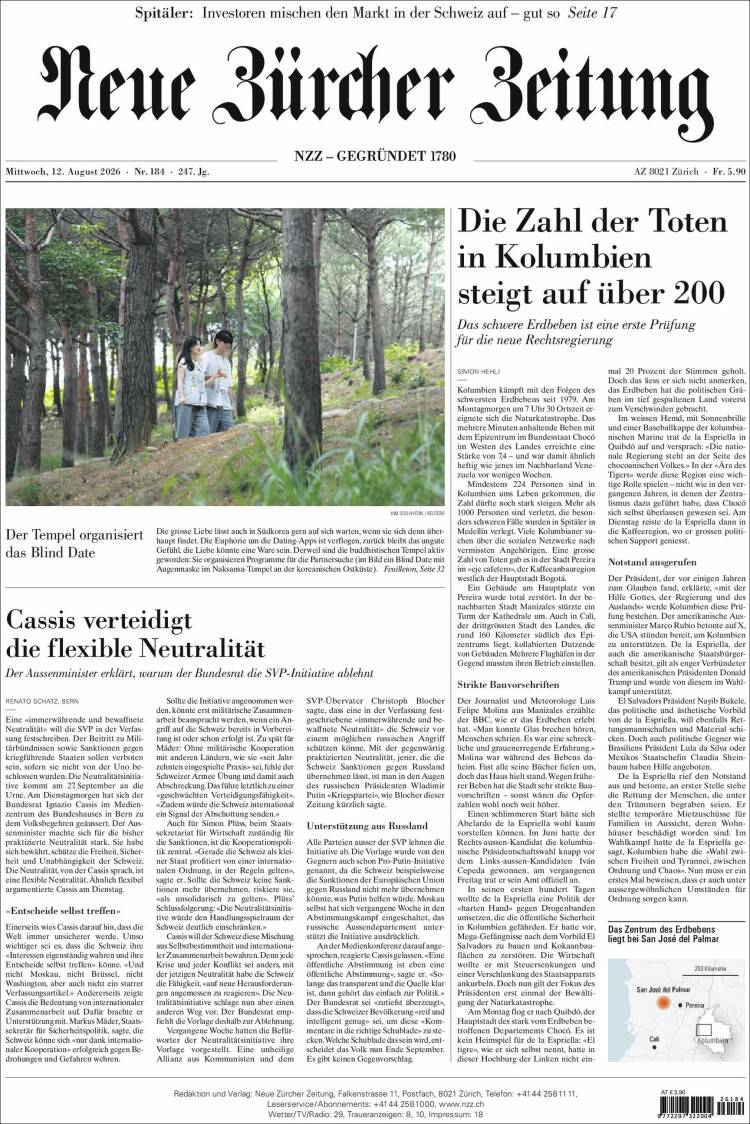 Portada de Neue Zürcher Zeitung (Suiza)