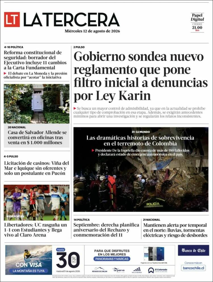 Portada de La Tercera (Chile)