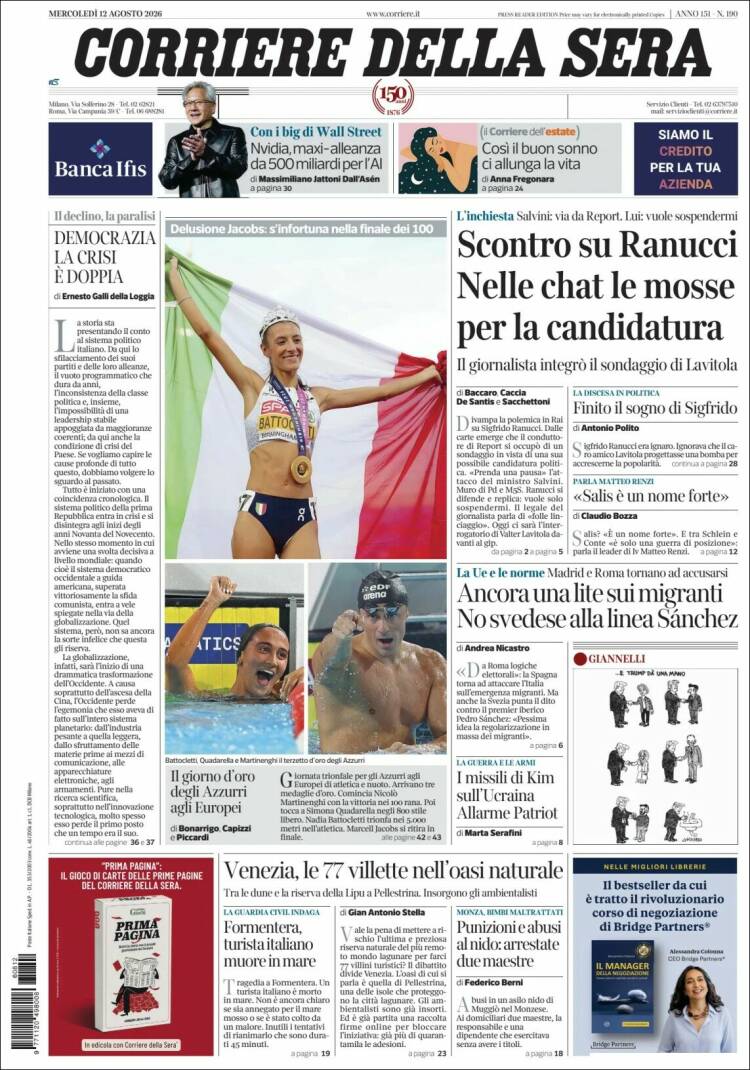 Portada de Corriere della Sera (Italia)