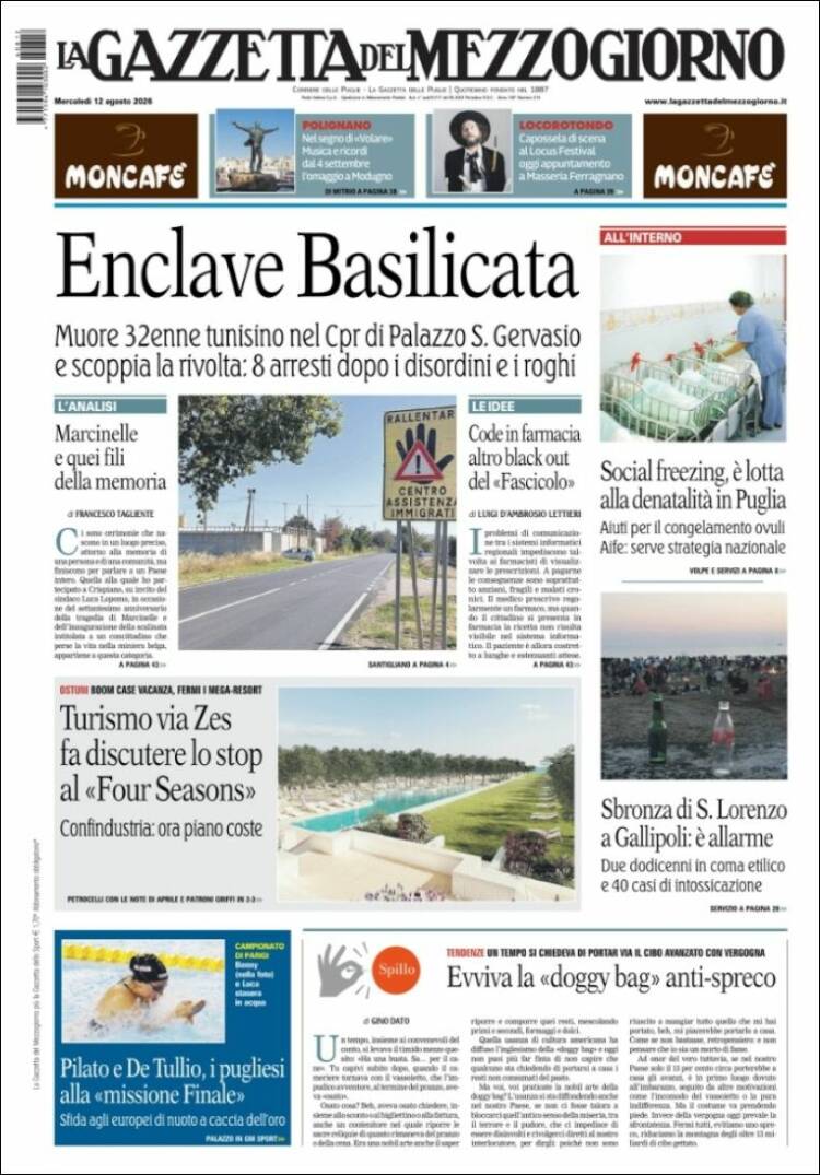 Portada de La Gazzetta del Mezzogiorno (Italia)