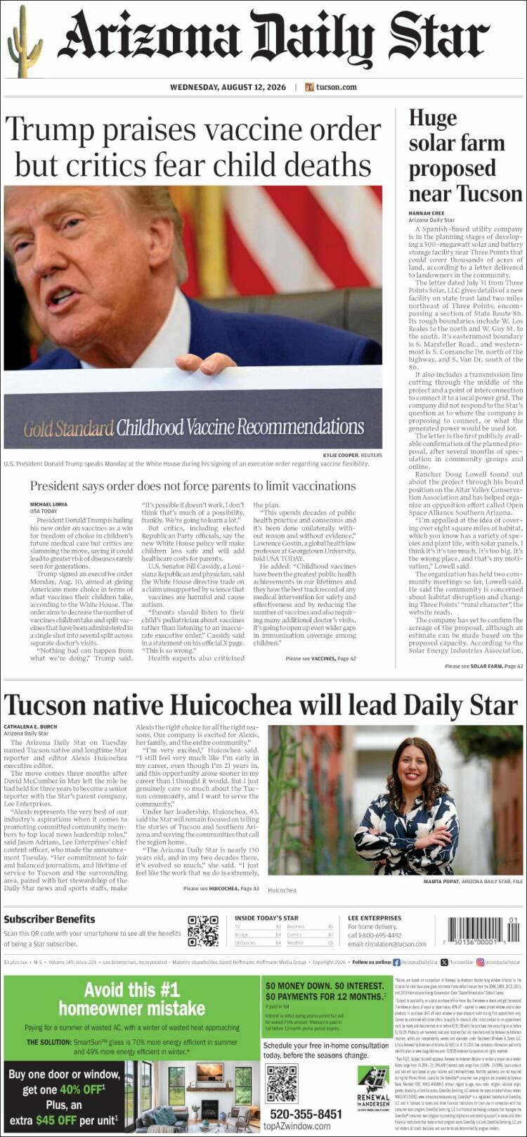 Portada de Arizona Daily Star (USA)