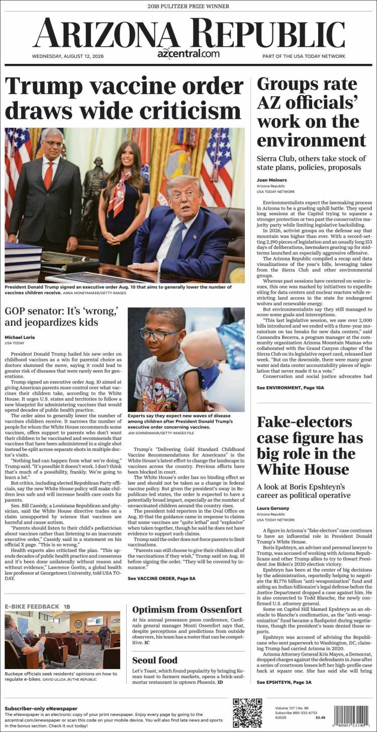 Portada de Arizona Republic News (USA)