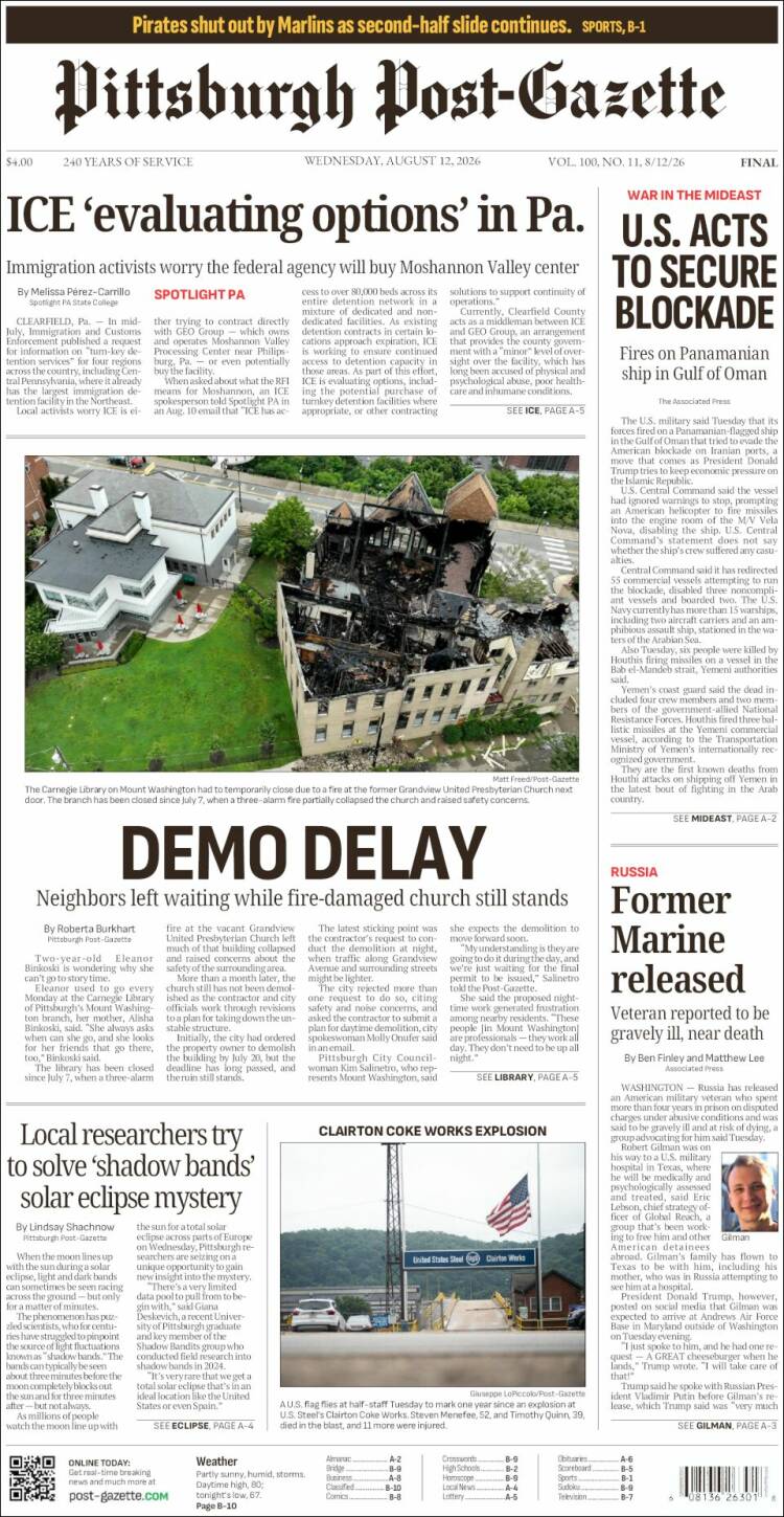 Portada de Pittsburgh Post-Gazette (USA)