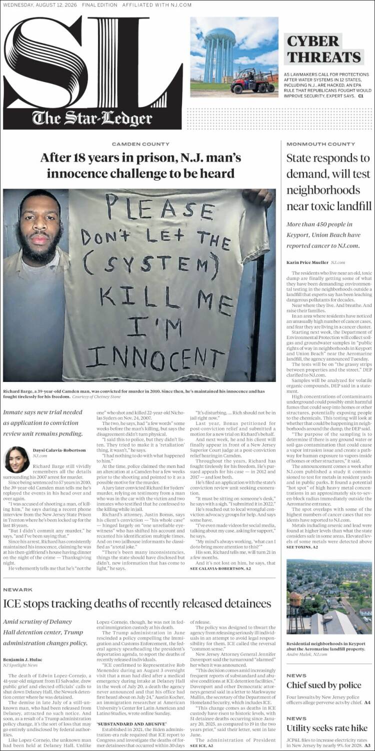 Portada de Star-Ledger (USA)