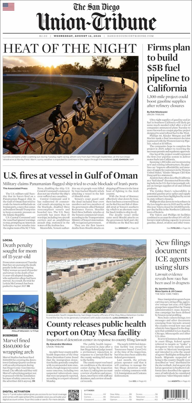 Portada de The San Diego Union-Tribune (USA)
