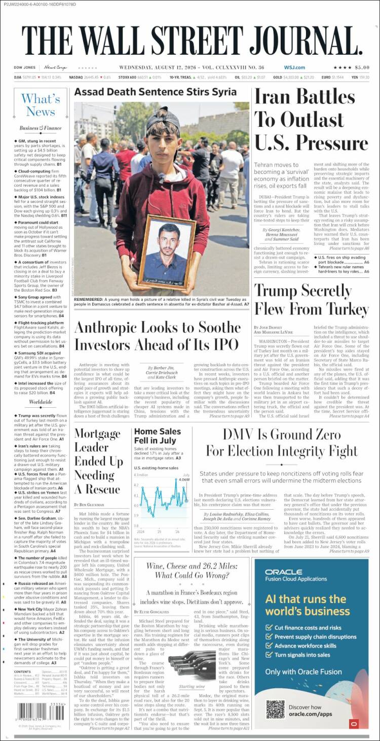 Portada de Wall Street Journal (USA)