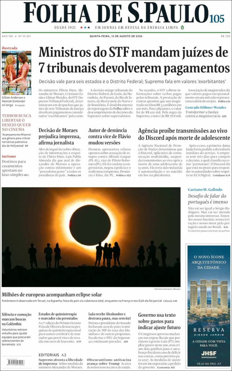 Portada de Folha de São Paulo (Brasil)
