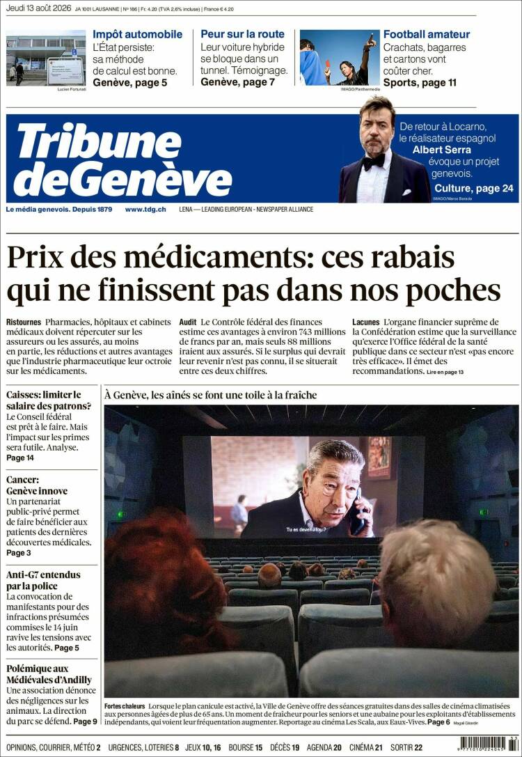 Portada de La Tribune de Genève (Suiza)