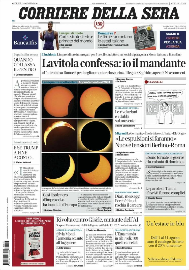 Portada de Corriere della Sera (Italia)