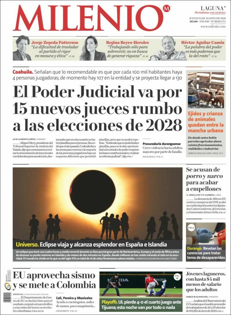 Portada de Milenio - Laguna (M&eacute;xico)