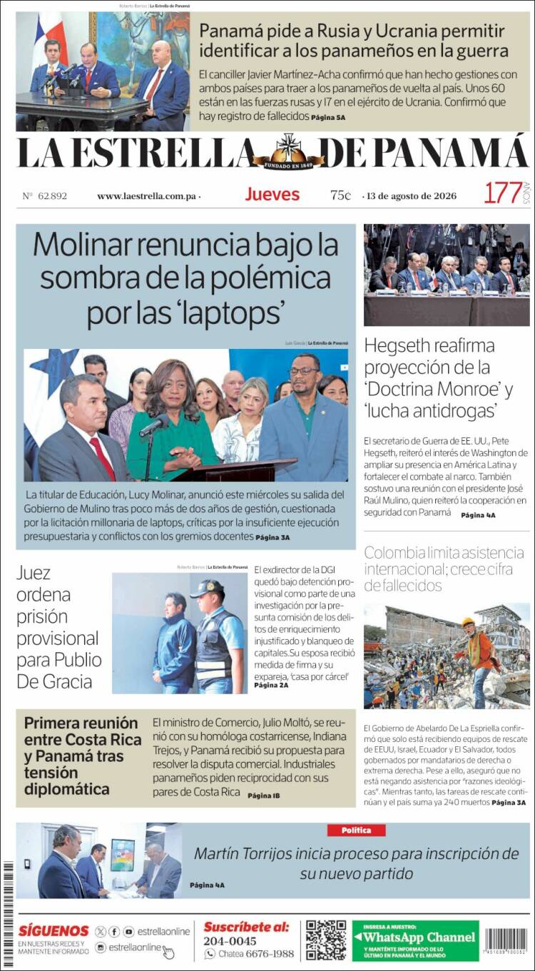 Portada de La Estrella de Panamá (Panam&aacute;)