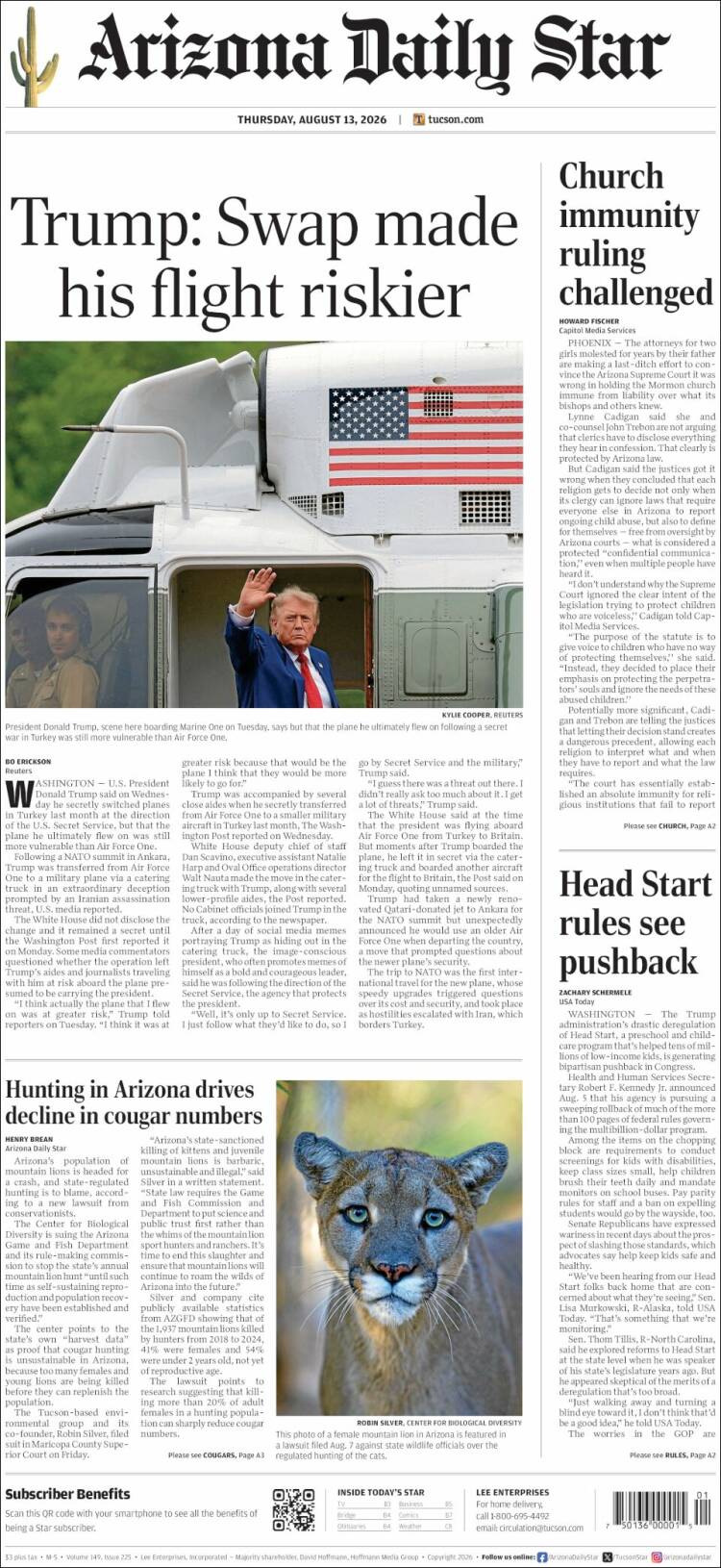 Portada de Arizona Daily Star (USA)