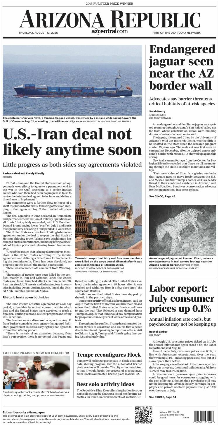 Portada de Arizona Republic News (USA)