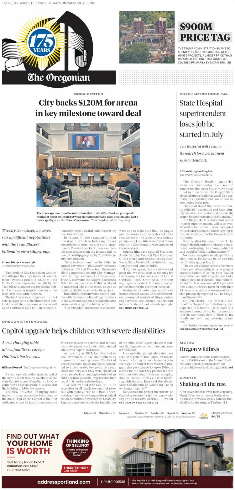Portada de The Oregonian (USA)
