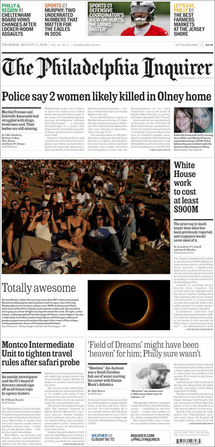 Portada de Philadelphia Inquirer (USA)