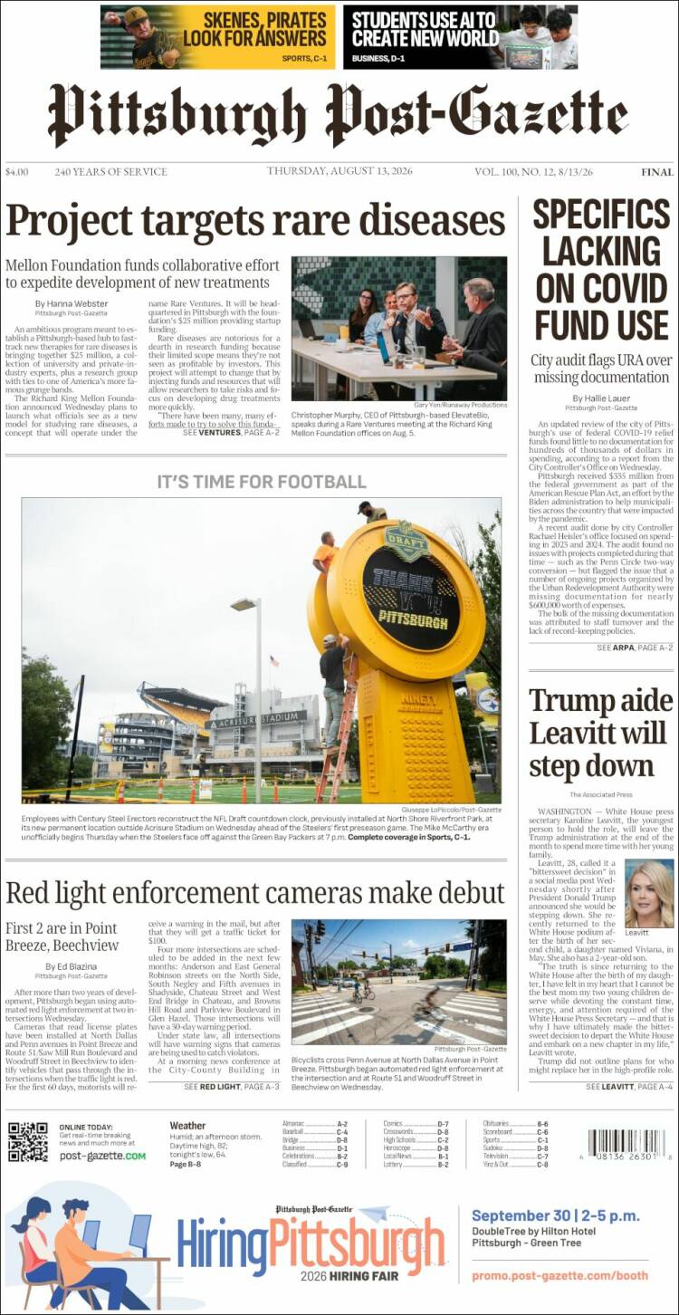 Portada de Pittsburgh Post-Gazette (USA)