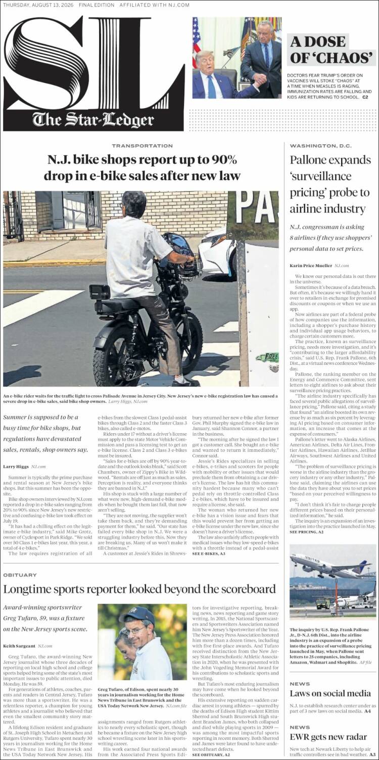 Portada de Star-Ledger (USA)