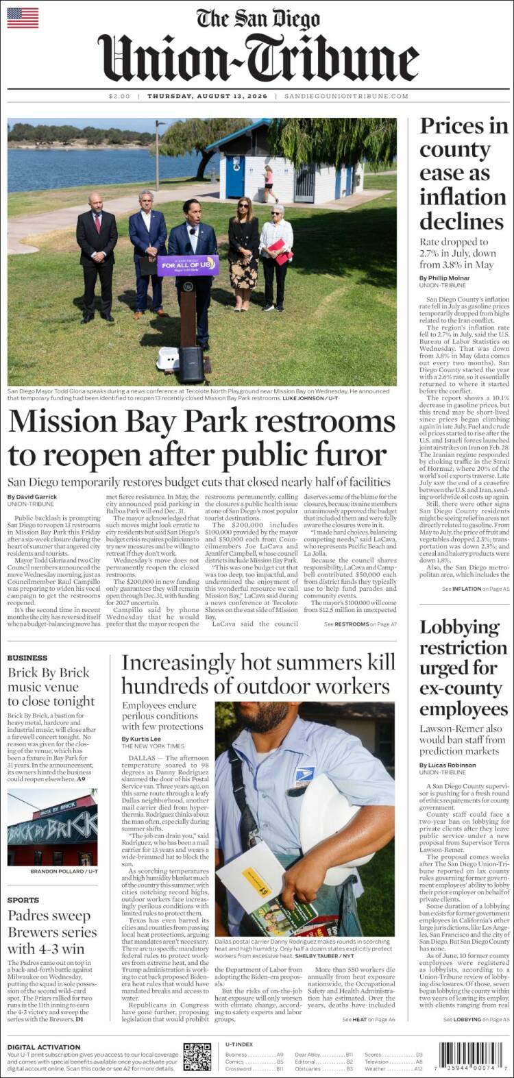 Portada de The San Diego Union-Tribune (USA)