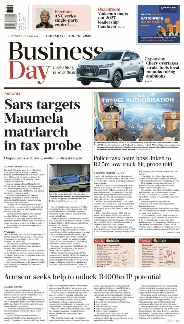 Portada de Business Day (Sud&aacute;frica)
