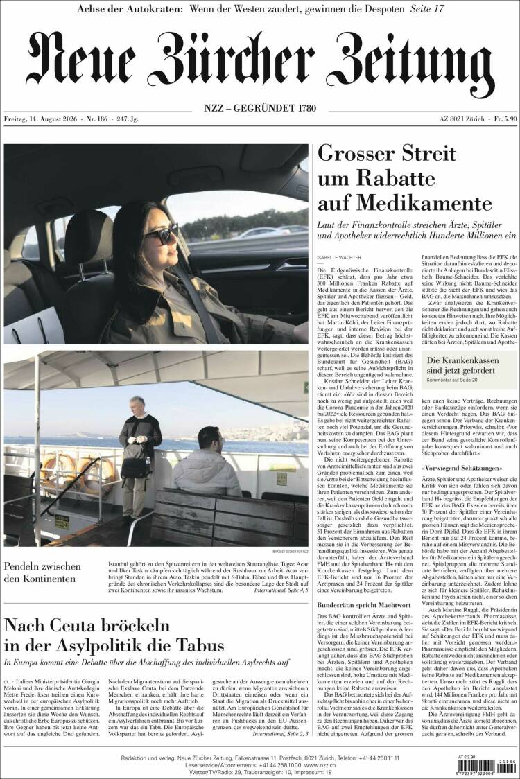 Portada de Neue Zürcher Zeitung (Suiza)