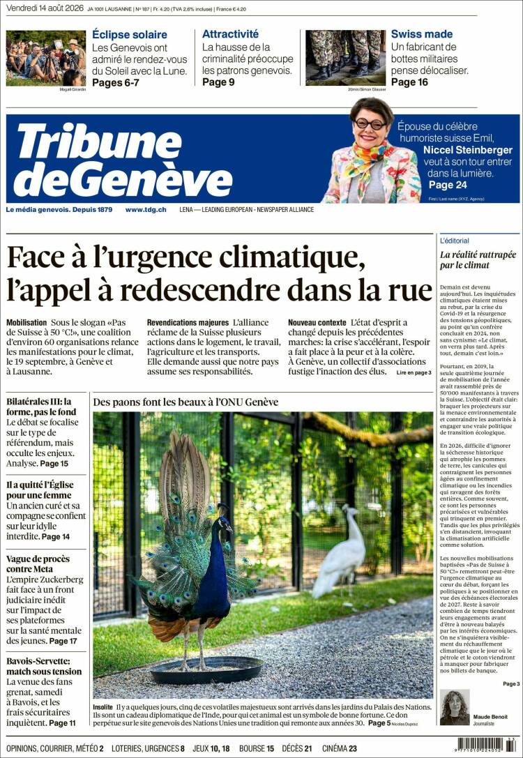 Portada de La Tribune de Genève (Suiza)