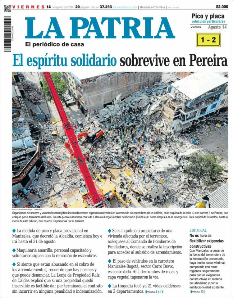 Portada de La Patria (Colombia)