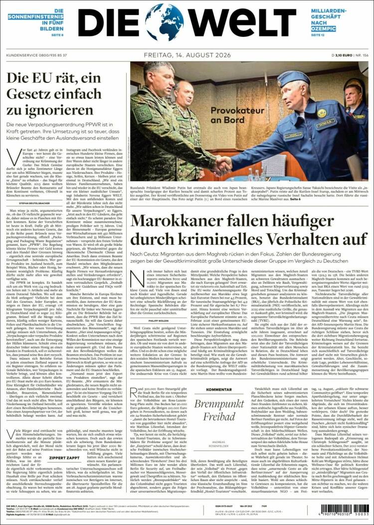 Portada de Die Welt (Alemania)
