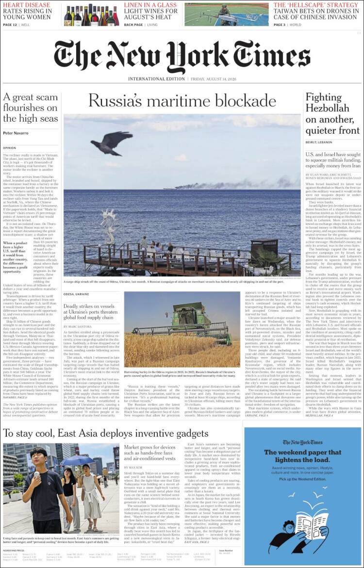 Portada de International New York Times (Europa)