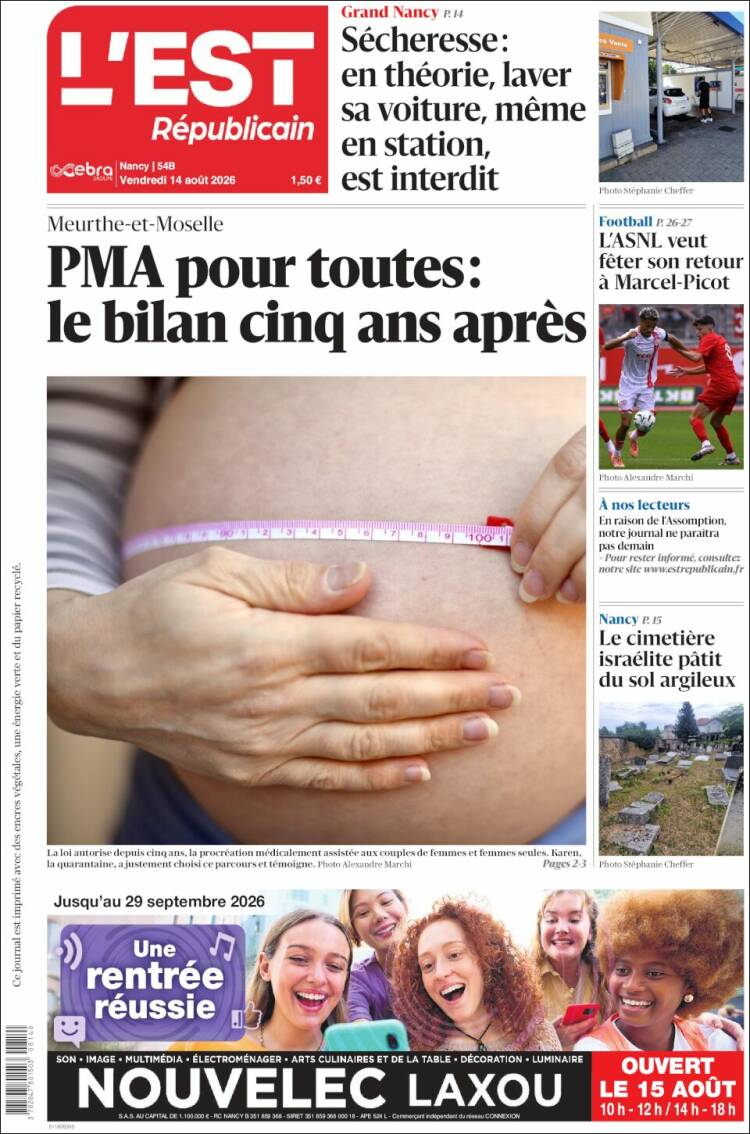 Portada de L'Est Republicain (Francia)