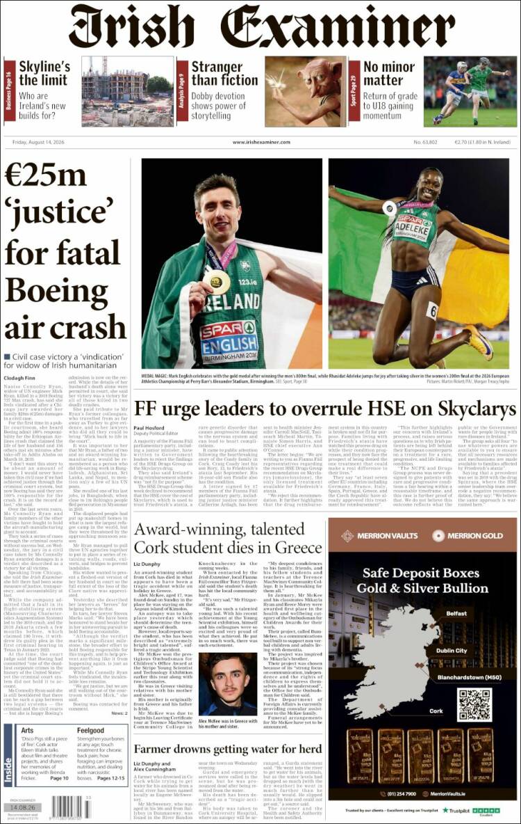 Portada de Irish Examiner (Irlanda)