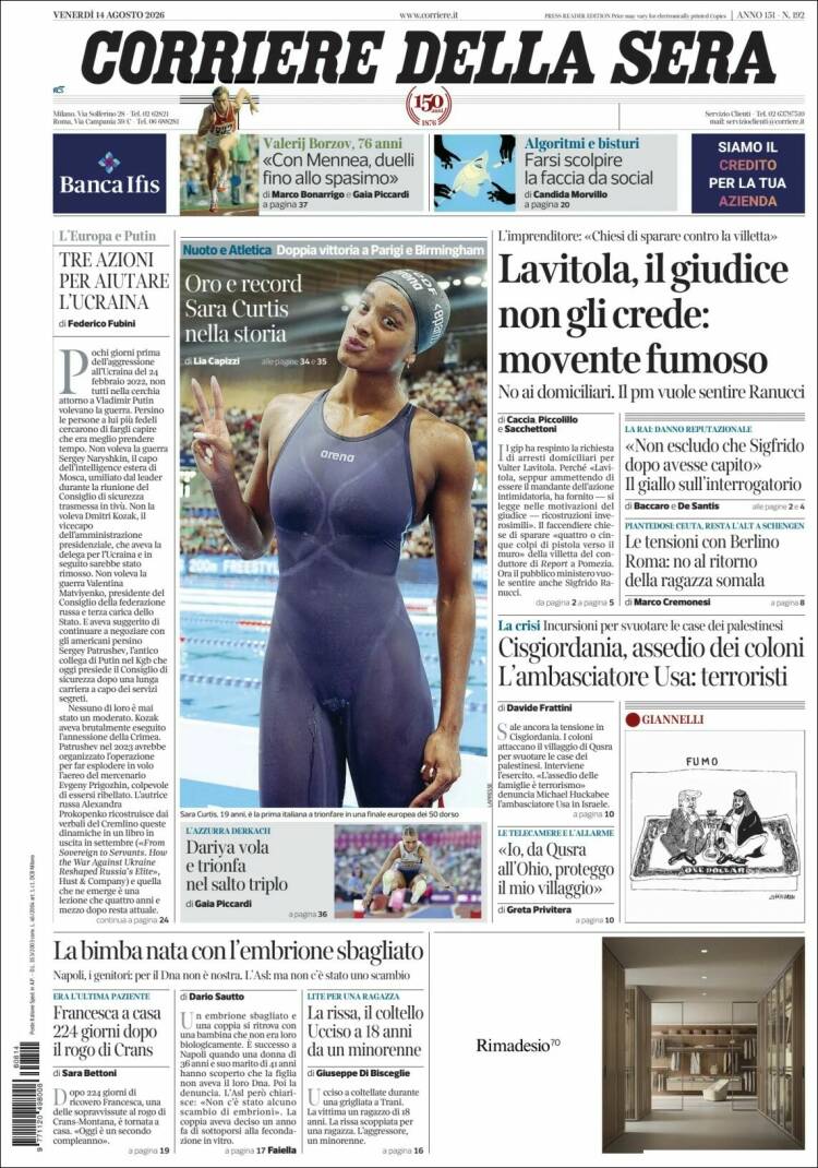 Portada de Corriere della Sera (Italia)