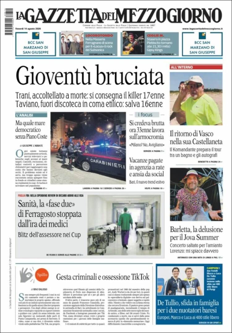 Portada de La Gazzetta del Mezzogiorno (Italia)