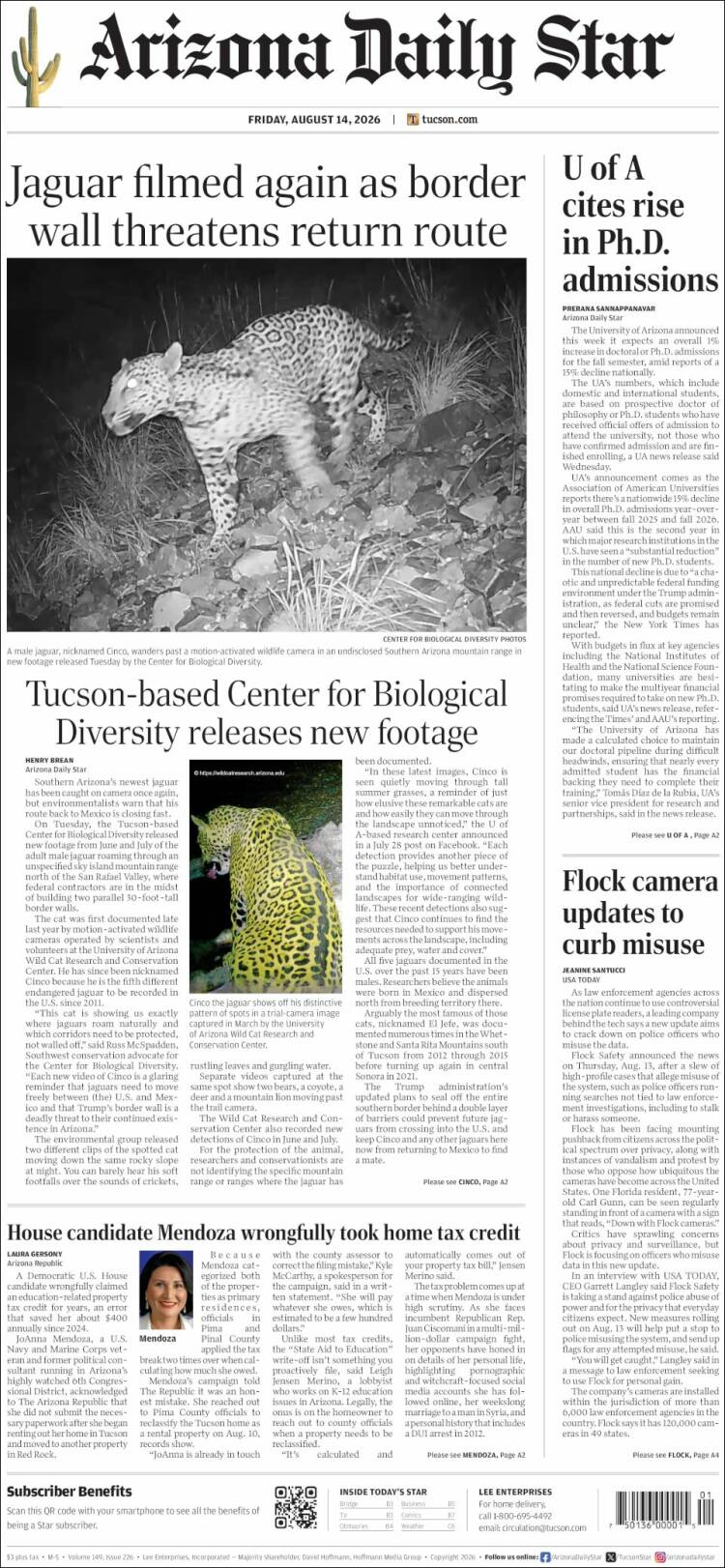 Portada de Arizona Daily Star (USA)
