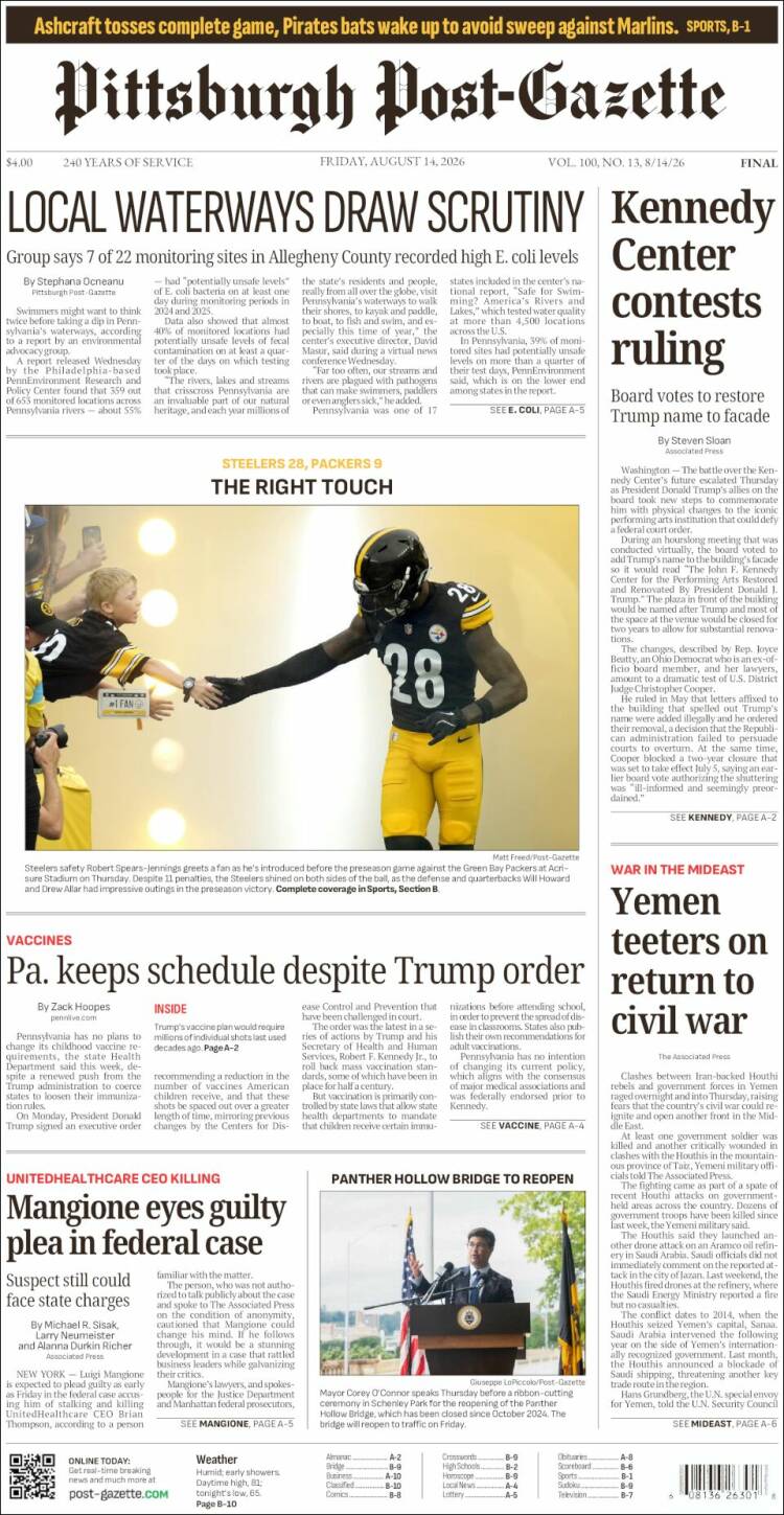 Portada de Pittsburgh Post-Gazette (USA)