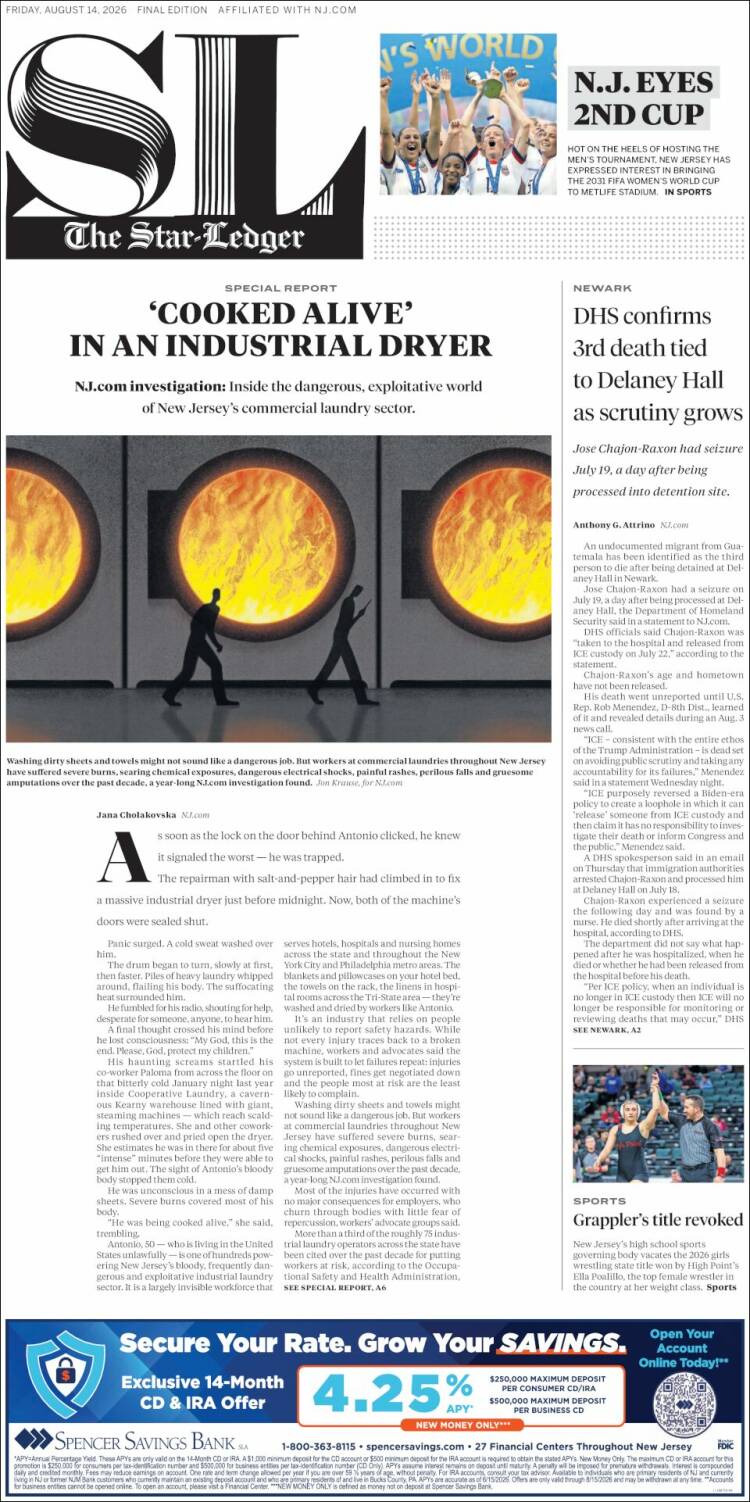 Portada de Star-Ledger (USA)