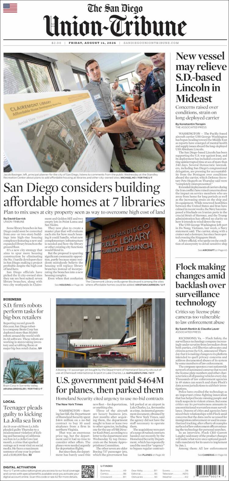 Portada de The San Diego Union-Tribune (USA)