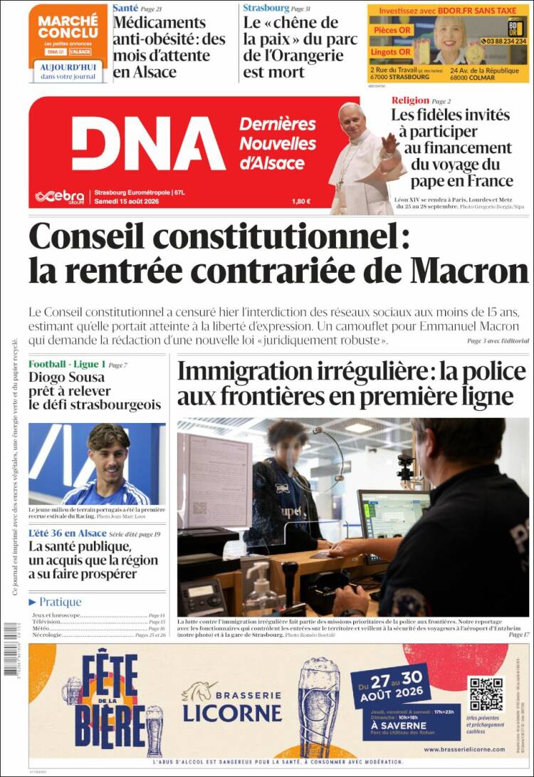 Portada de Les Dernières Nouvelles d'Alsace (France)