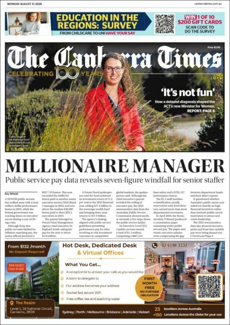 Portada de The Canberra Times (Australia)