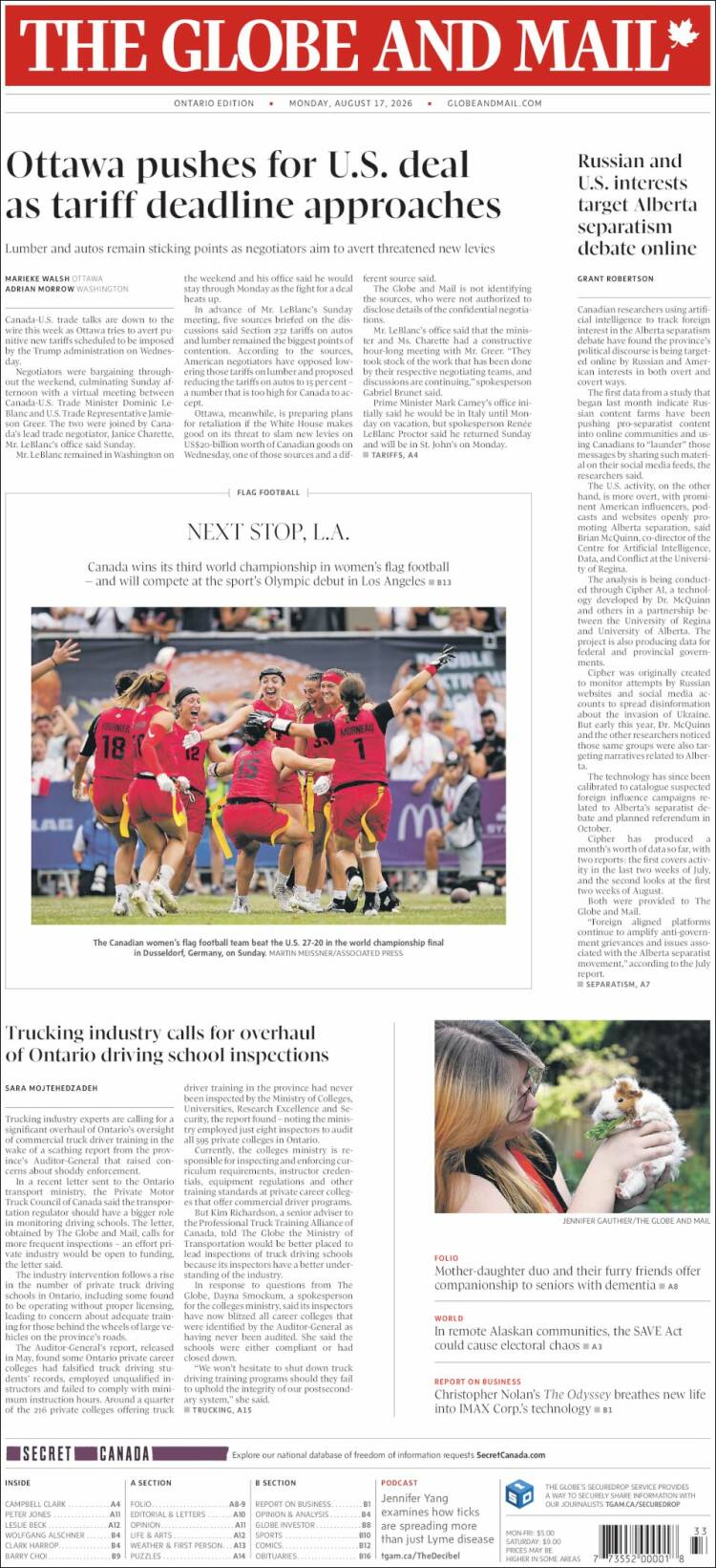 Portada de The Globe and Mail (Canad&aacute;)